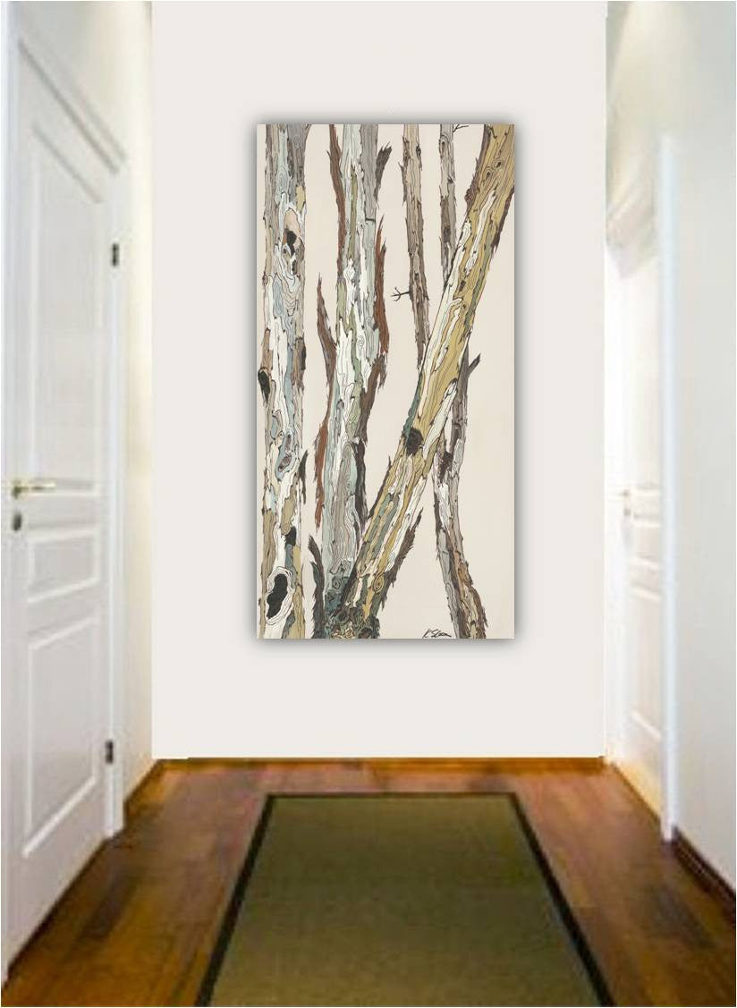 An oversized wall art canvas print featuring a white and neutral color palette with a rustic modern pastel tree art, displayed in an entryway.