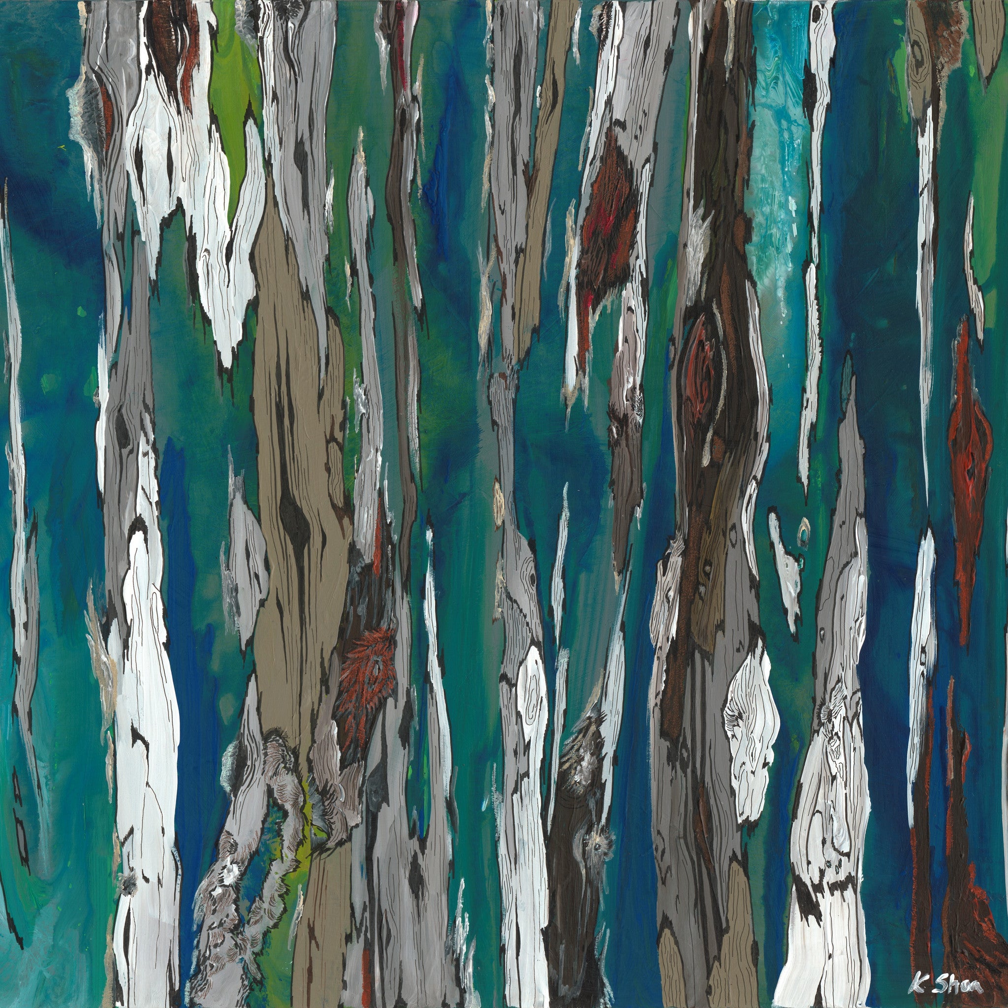 Oversized square modern abstract canvas art in various blues, and white, green accents.