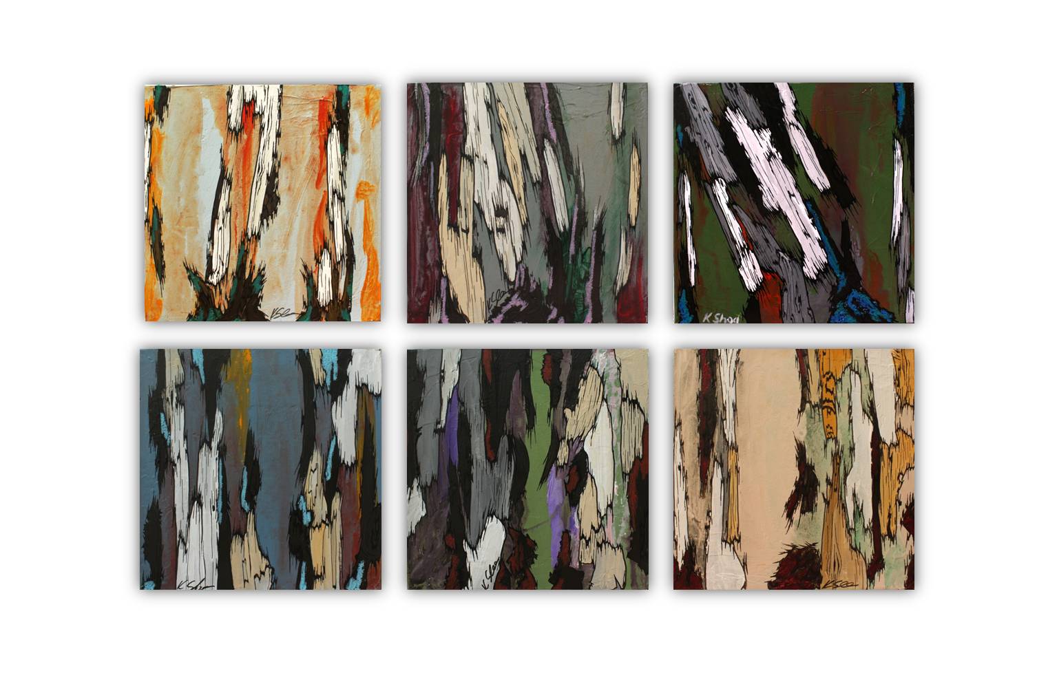Set of 6 colorful original abstract tree wall art in gallery setting. Greens, blues, neutrals, orange.