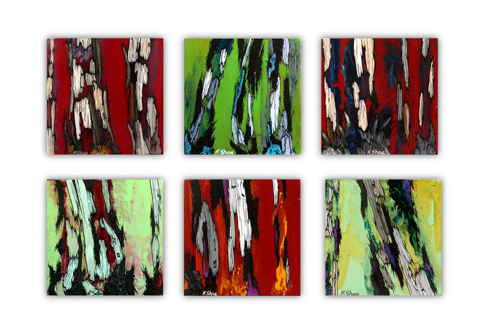 ORIGINAL small red painting of tree trunks wall art modern abstract artwork