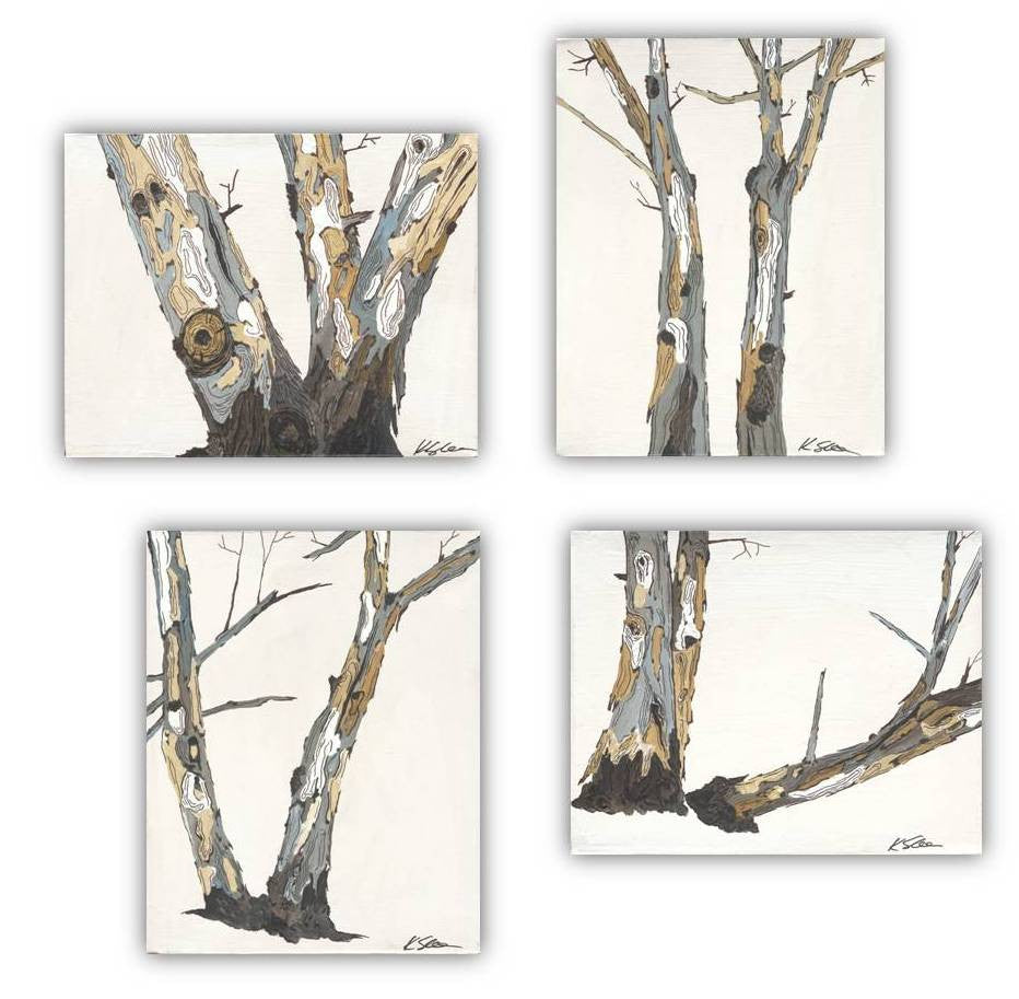 Set of 4 minimalist Japandi style tree art in white with muted light colors. Large gallery arrangement.