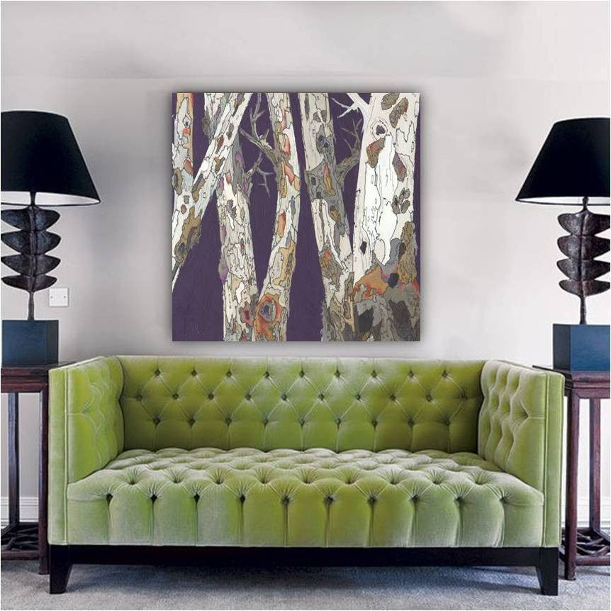 Large Artwork of Birch Trees on Purple Background in an upscale hotel lobby or living room above a sofa.