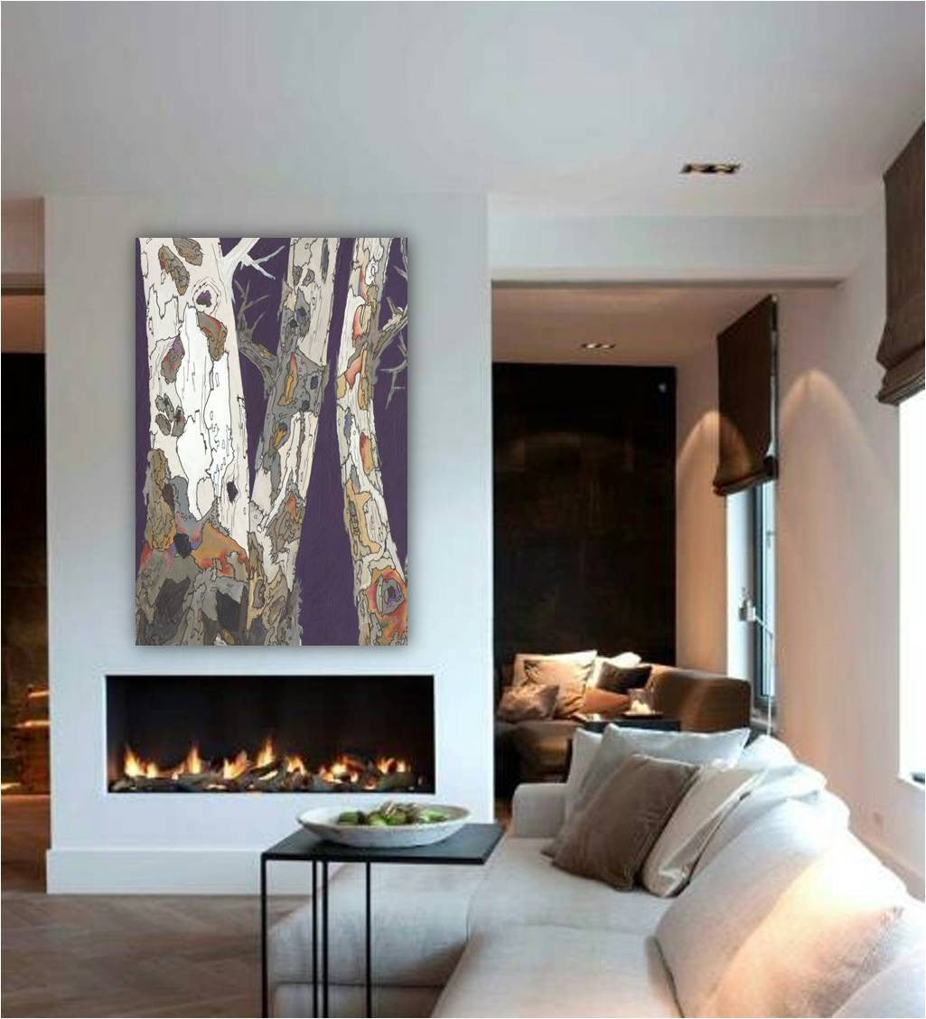 Large giclee print of trees / landscape in white and purple, hung above a fireplace in a modern living room.