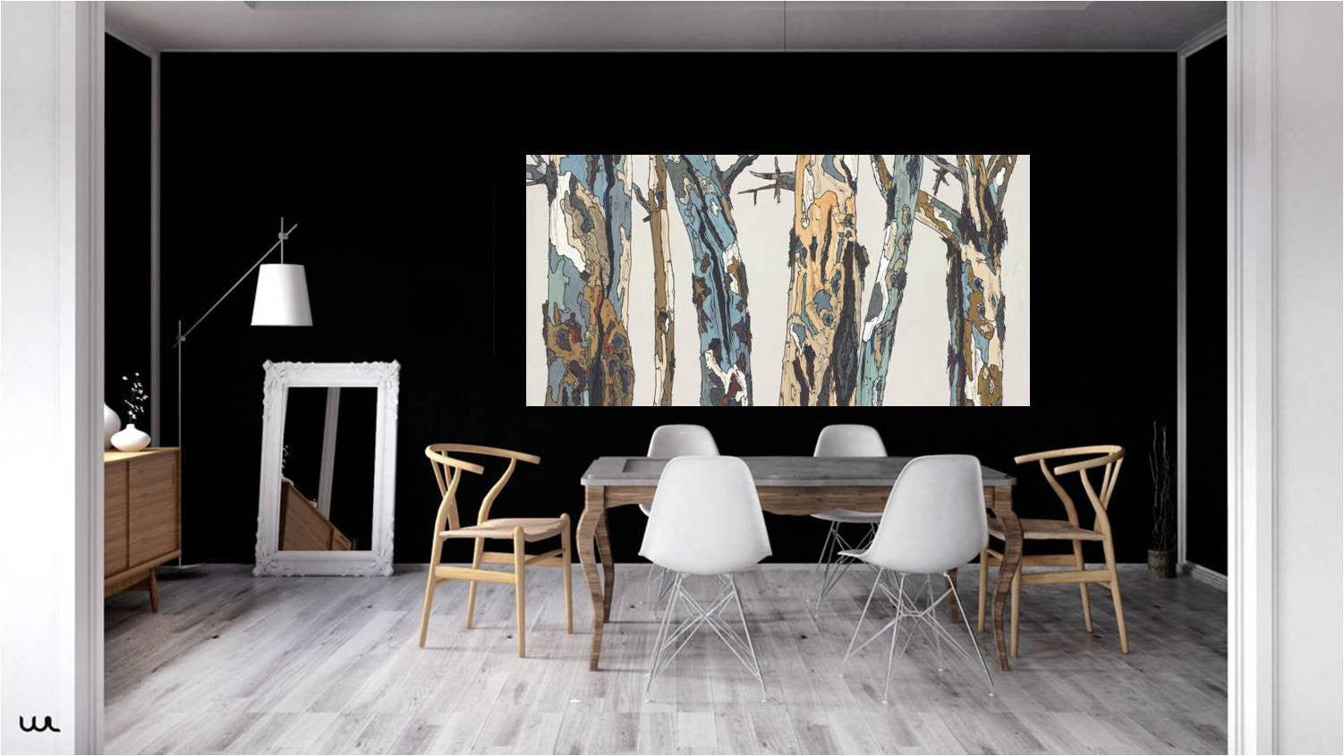 Very large canvas print wall art of trees in pastel colors on a black wall in a minimalist eclectic dining room.