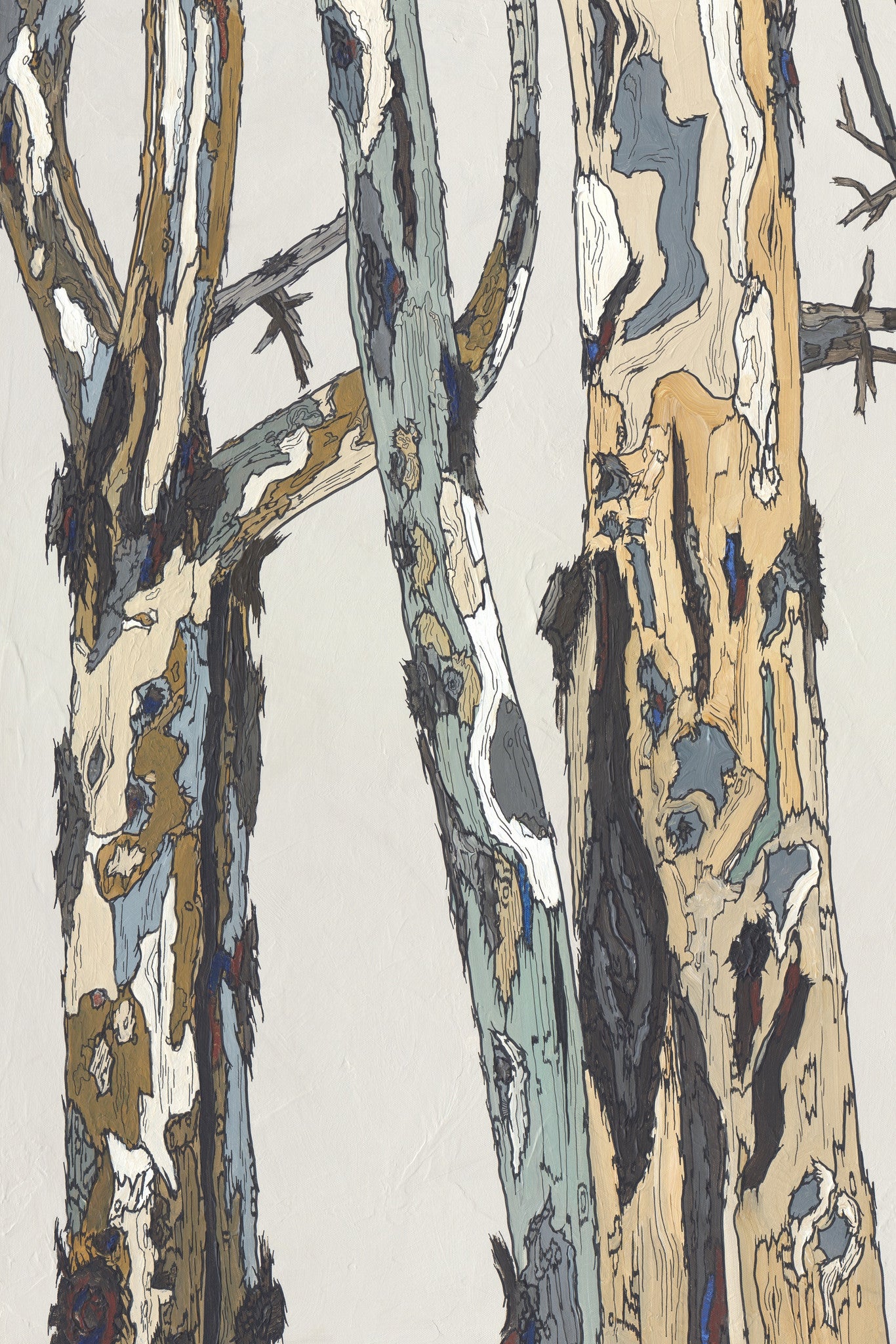 A large canvas print of white birch trees in soft pastels, clean, airy, and calming. Vertical artwork for living rooms and offices.