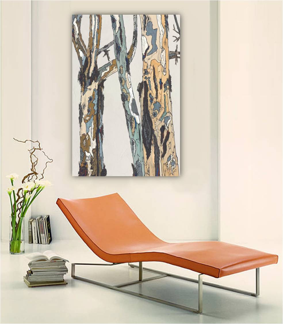 Oversized White Birch Trees Artwork canvas print - in a modern living room, hung upright.