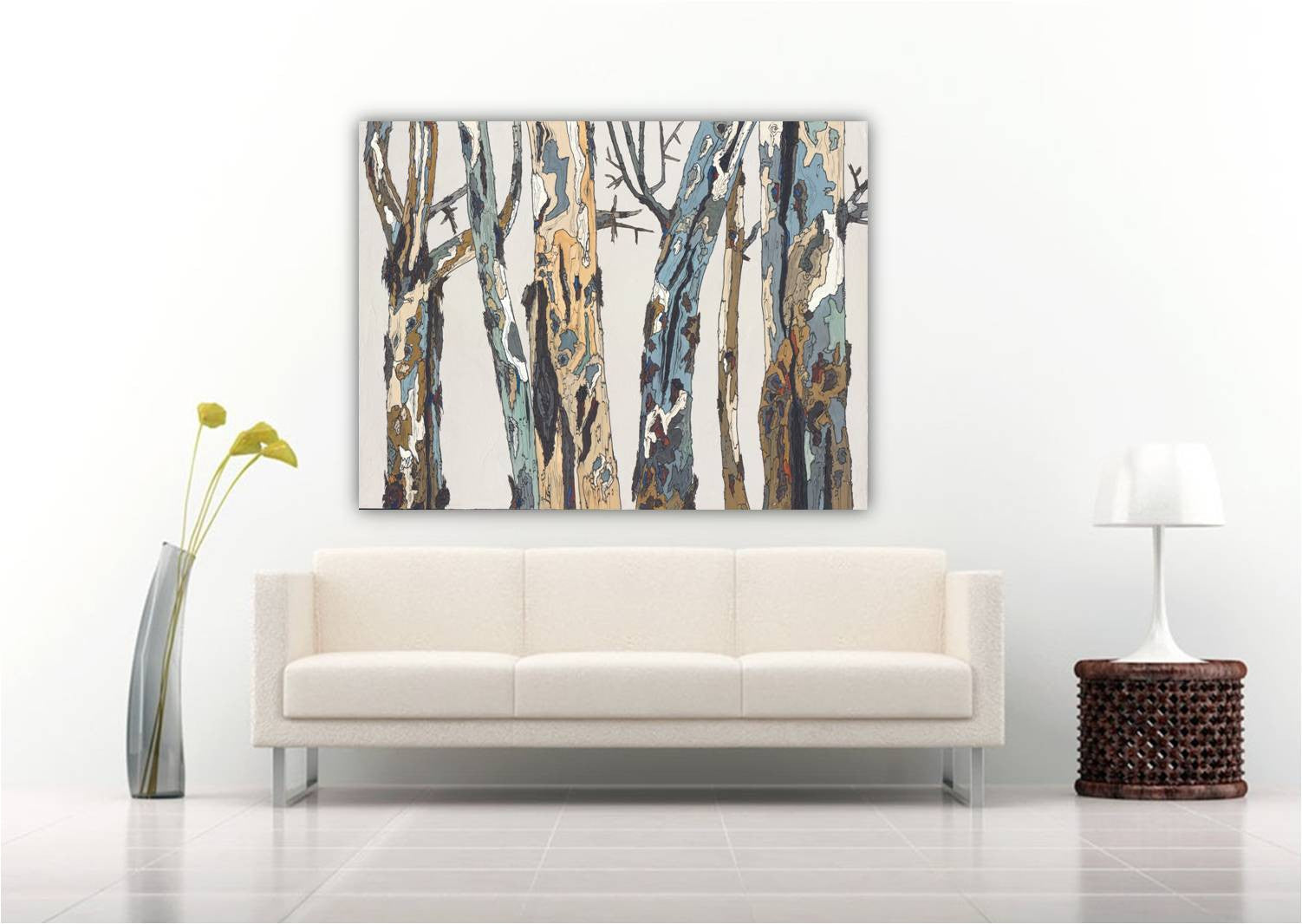 Light & Airy Tree Landscape Wall Art over a Large White Sofa in a modern contemporary living room