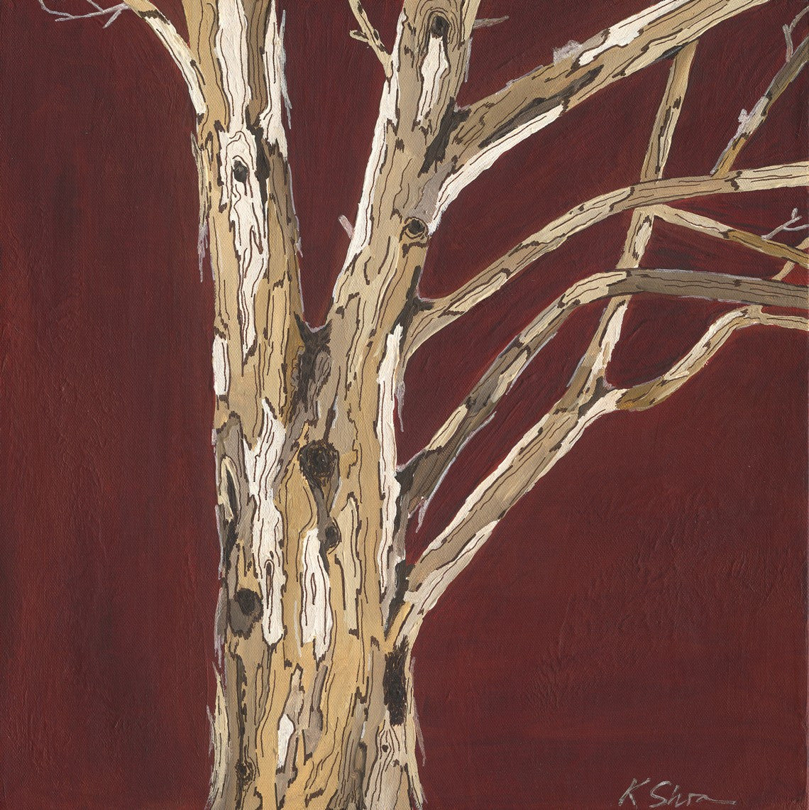 A large square oxblood red wall art featuring a modern tree art canvas print. Perfect for modern and contemporary decor