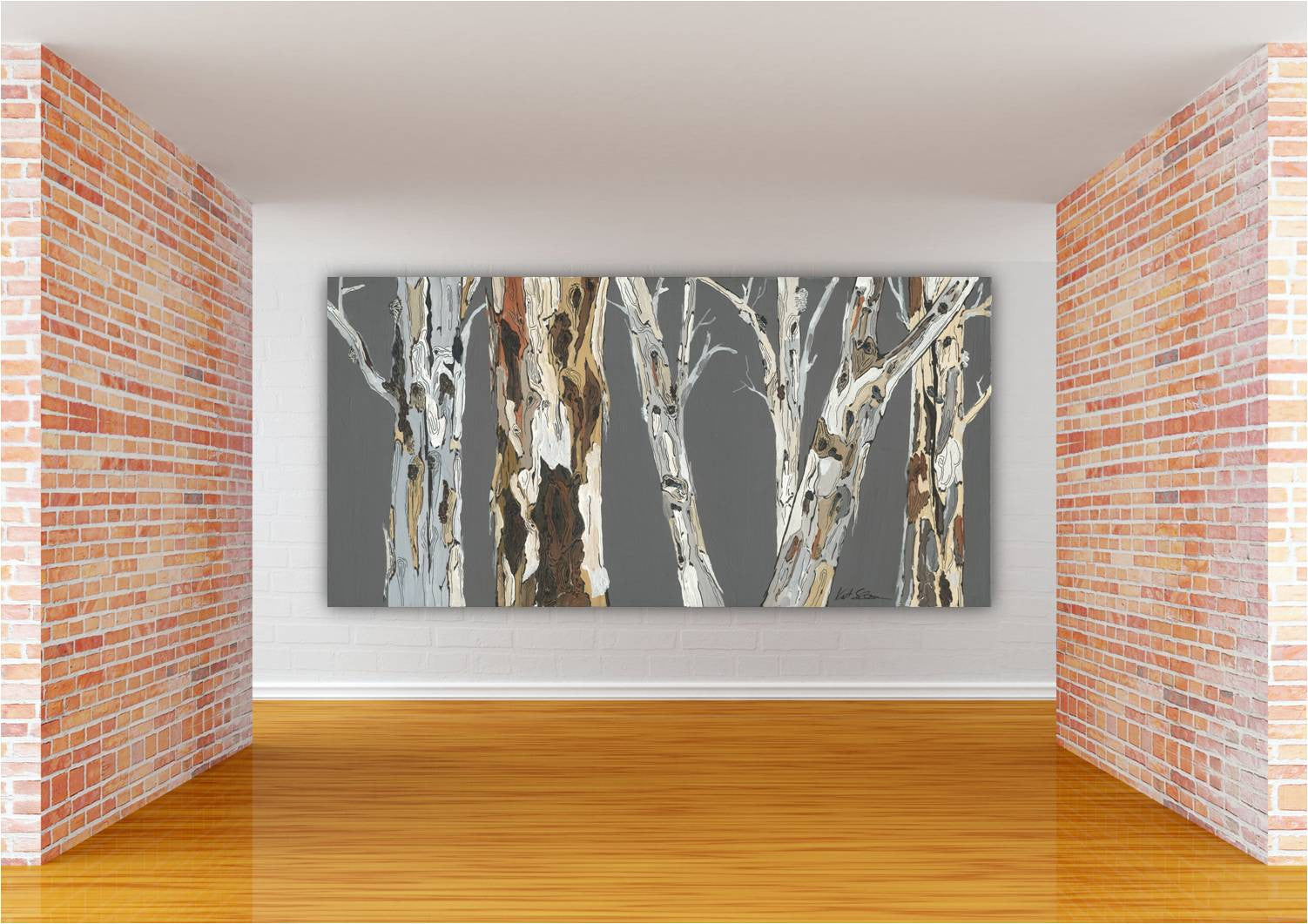Oversized horizontal gray canvas art print of tree landscape in large commercial space