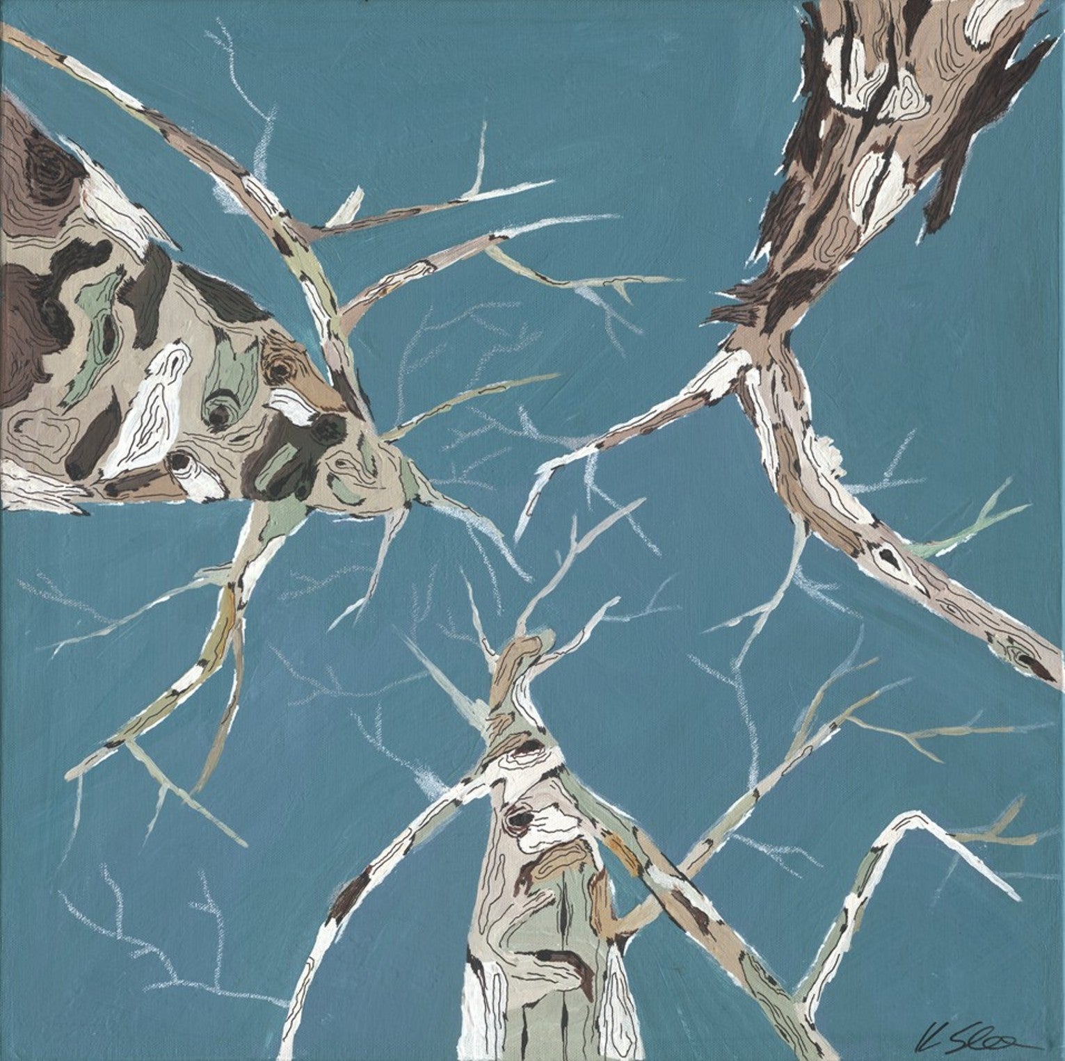 Large canvas art print in turquoise and baby blue - tree canopy looking up into the sky.