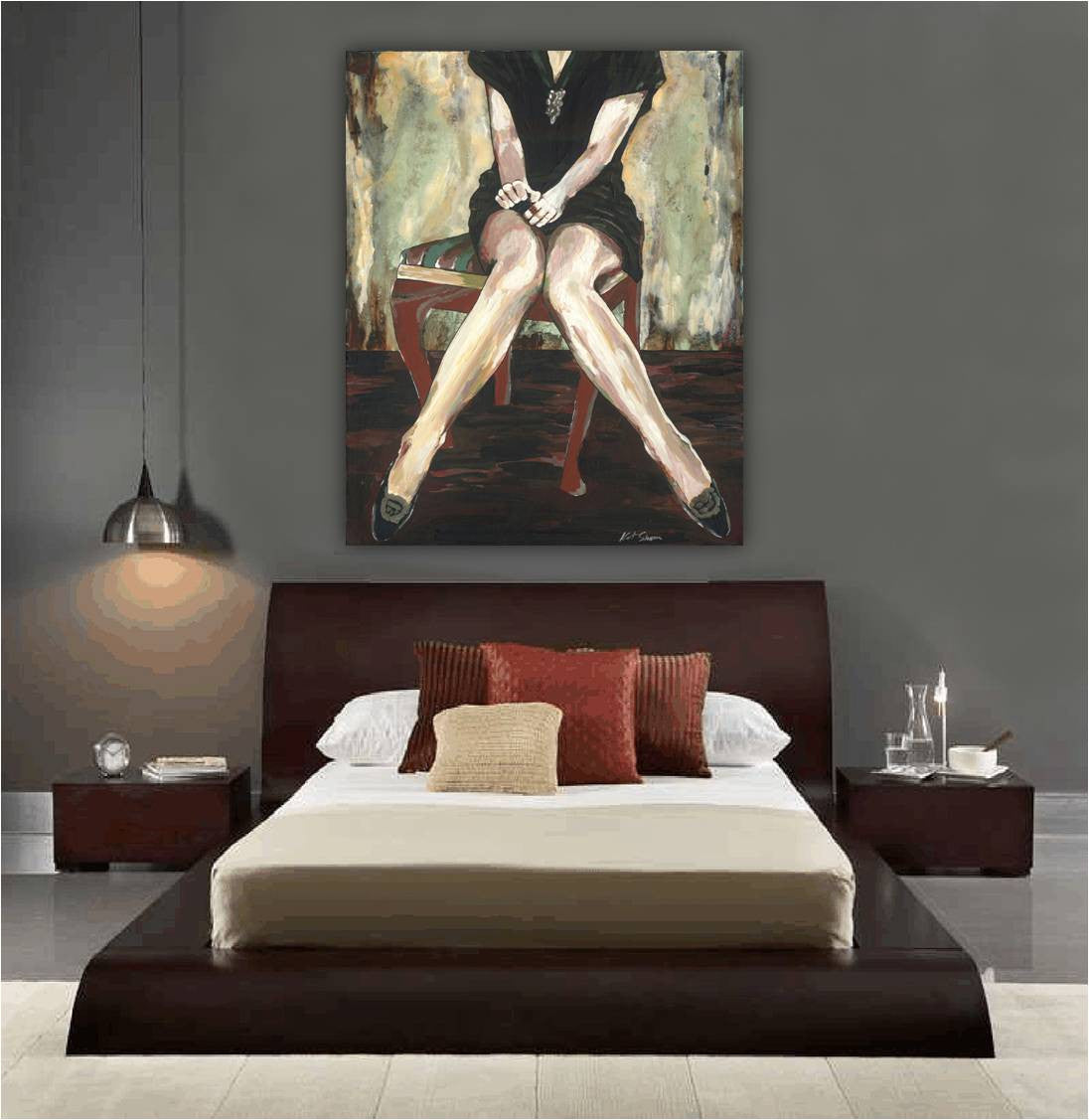 Oversized sensual figurative canvas print above a bed in a modern bedroom.