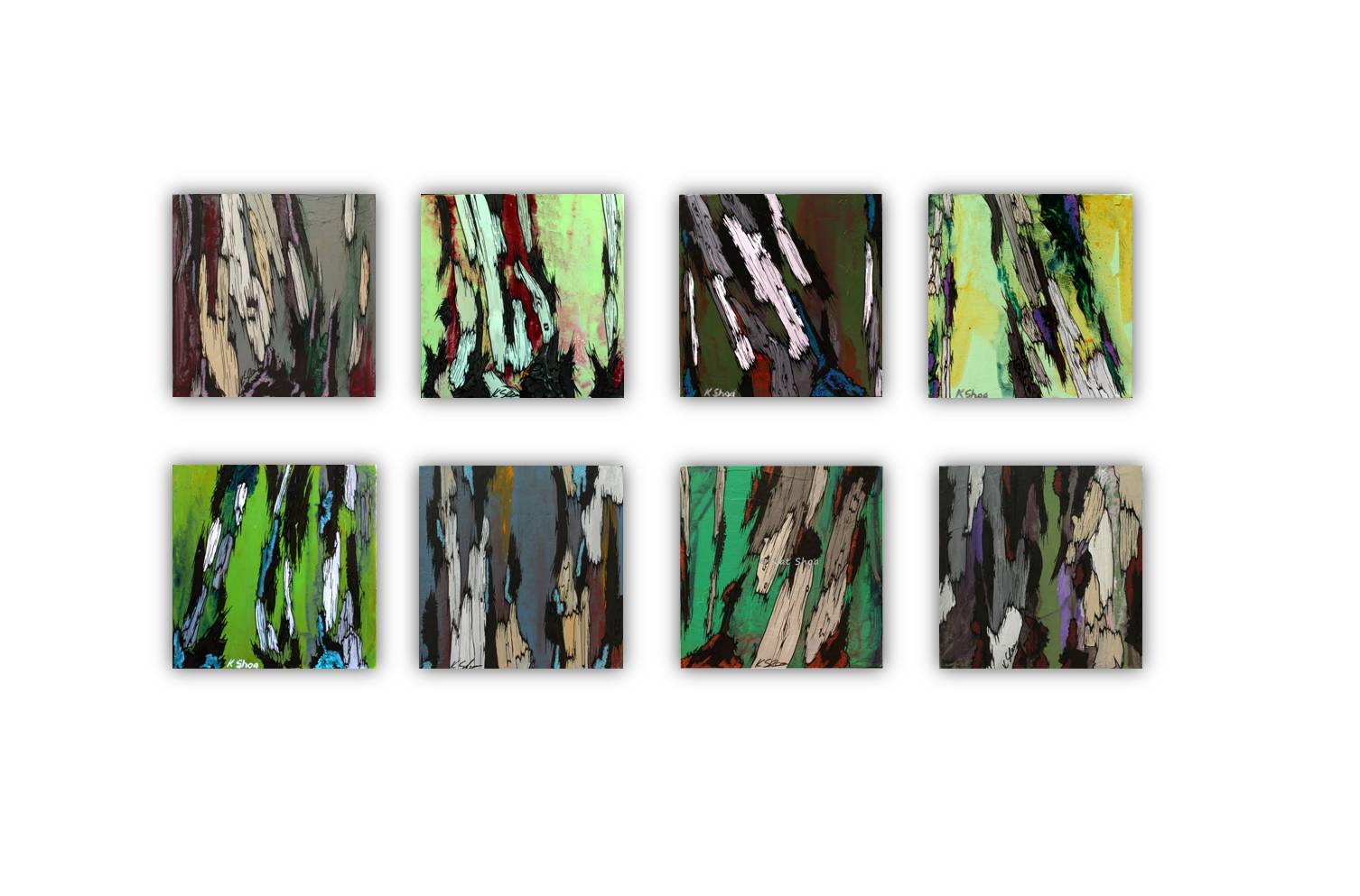 8 small original paintings hung in gallery style on a white wall. Mix of greens, chartreuse, mint, olive, grays.