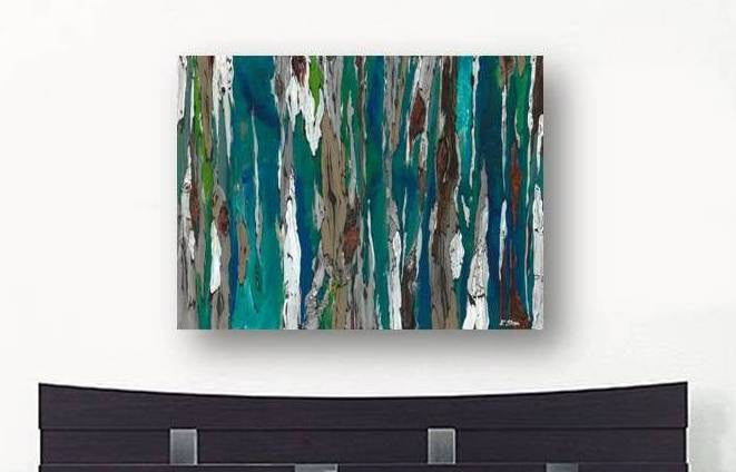 Extra large vibrant shades of blue abstract canvas wall art in a contemporary bedroom
