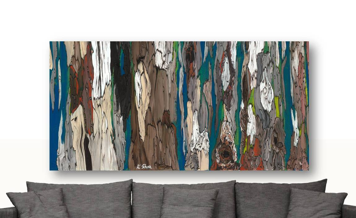 Extra Wide Horizontal Abstract Canvas Wall Art above gray modern sofa