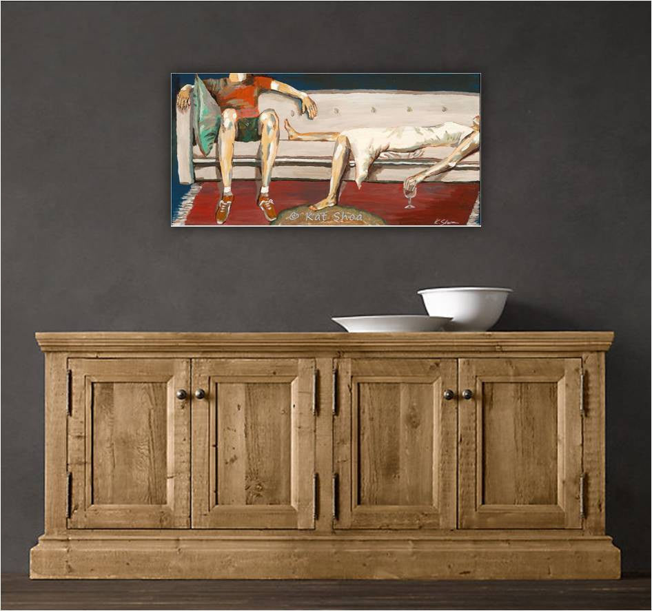 Whimsical and intimate canvas art print of couple relaxing and drinking wine - on a dark wall in a rustic modern space