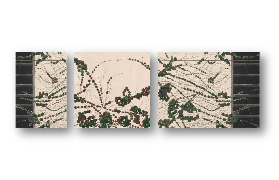 Oversized Botanical Canvas Wall Art Triptych in White, Black, Green. Feminine artwork for interior decor.