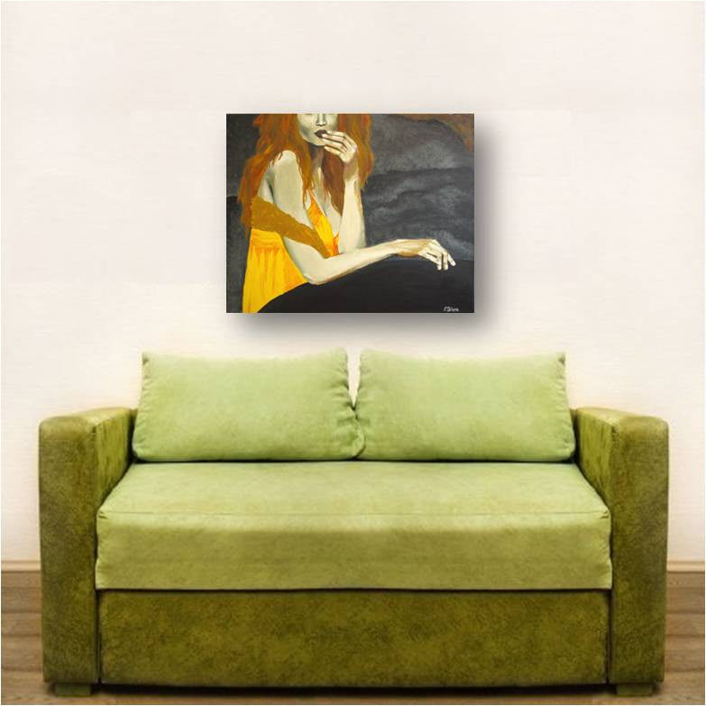 Original painting of a sexy woman in a colorful wall art - above a plush mint green loveseat
