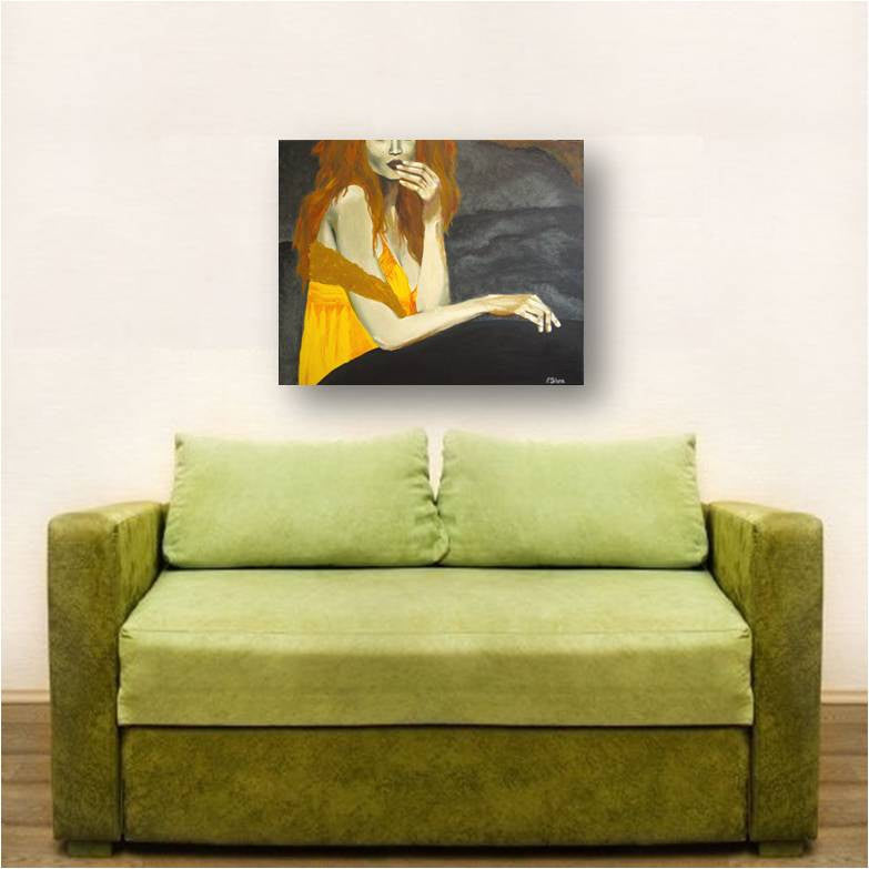 modern figurative painting of woman, modern painting of sexy woman, figurative painting of woman, painting of hands, gray yellow wall art, yellow bedroom design, yellow gray living room wall art, dining room wall art, gift to impress her, special gift for her, yellow gift for her, sexy redhead painting, yellow orange gray decor, orange home decor