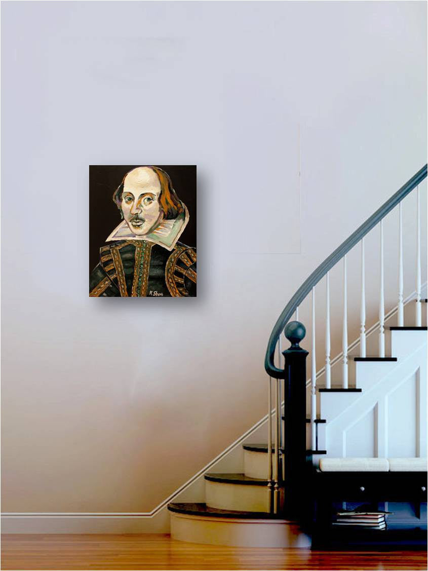A canvas art print of William Shakespeare in an entryway of a modern home by the staircase.