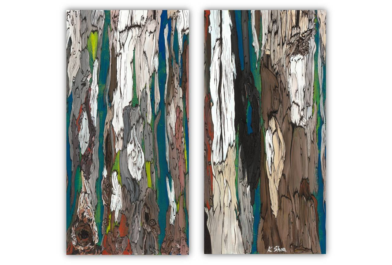 Huge Masculine Canvas Wall Art Diptych - Oversized Abstract Vertical Tree Trunks