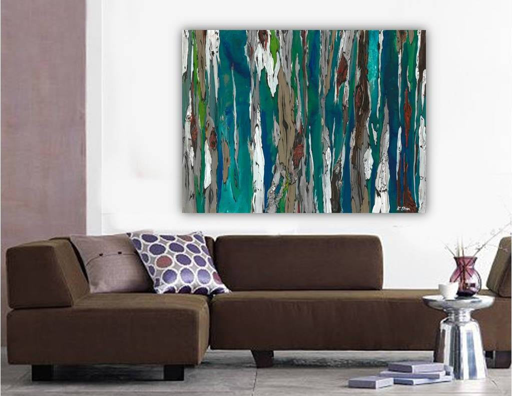 Extra large abstract original painting in shades of blue, turquoise, cobalt, white - above a sectional in a MCM space.