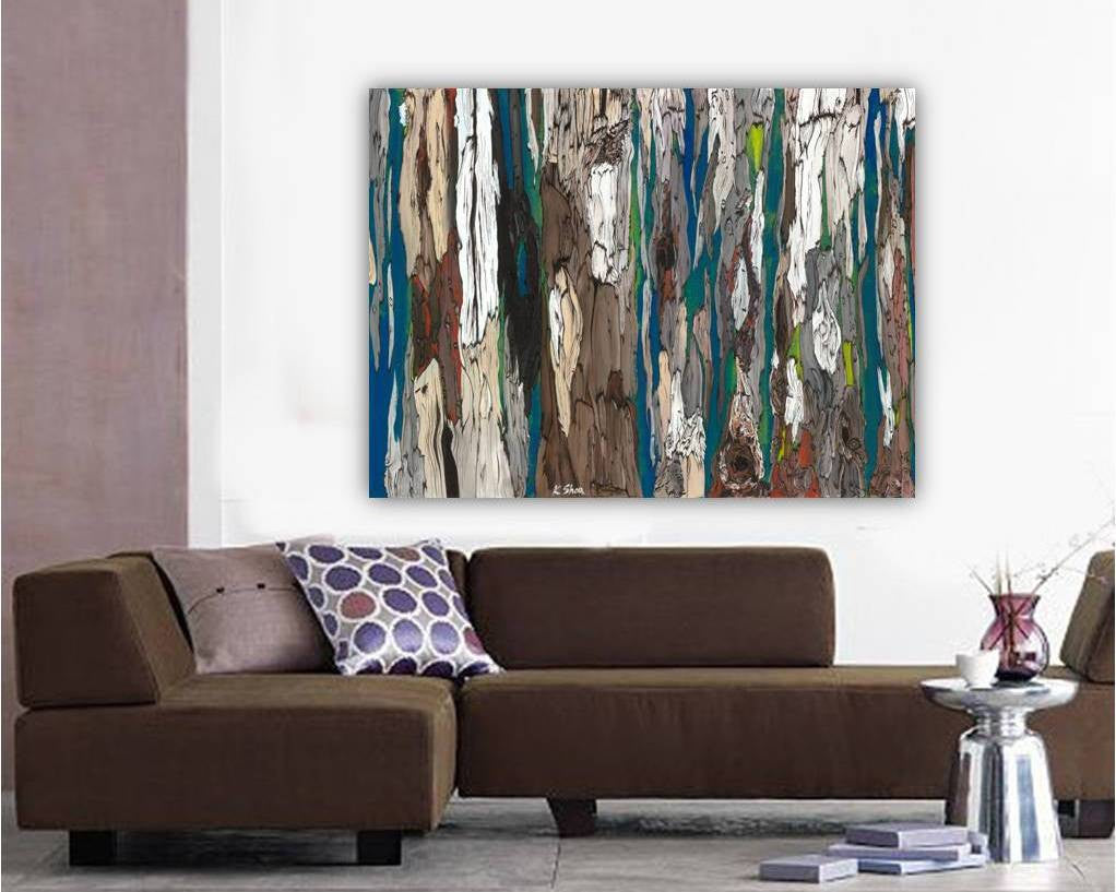 Extra large original abstract painting in dark blues, warm browns, white - above a sectional sofa in a modern living room.