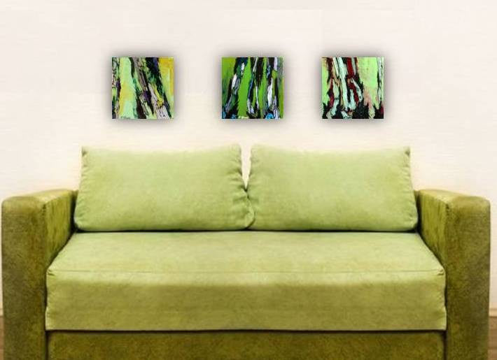 Three original abstract paintings of trees in greens, mint, chartreuse - above a loveseat