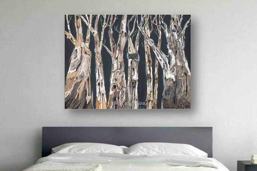Oversized masculine canvas art over bed in modern bedroom.
