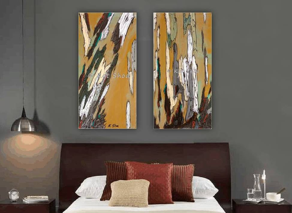 Two-Panel Ocher Canvas Wall Art - Large Abstract Tree Landscape Diptych on dark modern bedroom wall