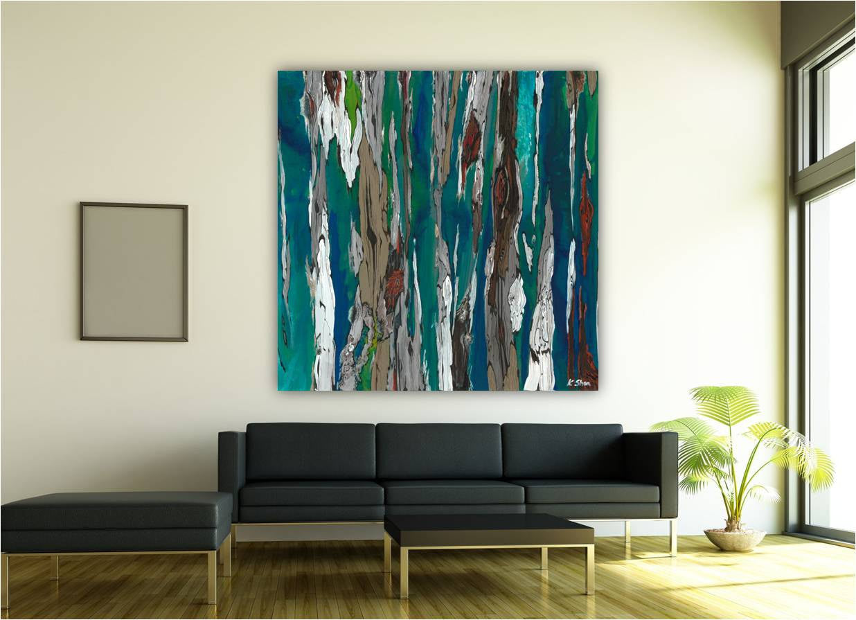 Huge square abstract canvas art print in blue colors hanging on extra large empty wall above a large modern couch