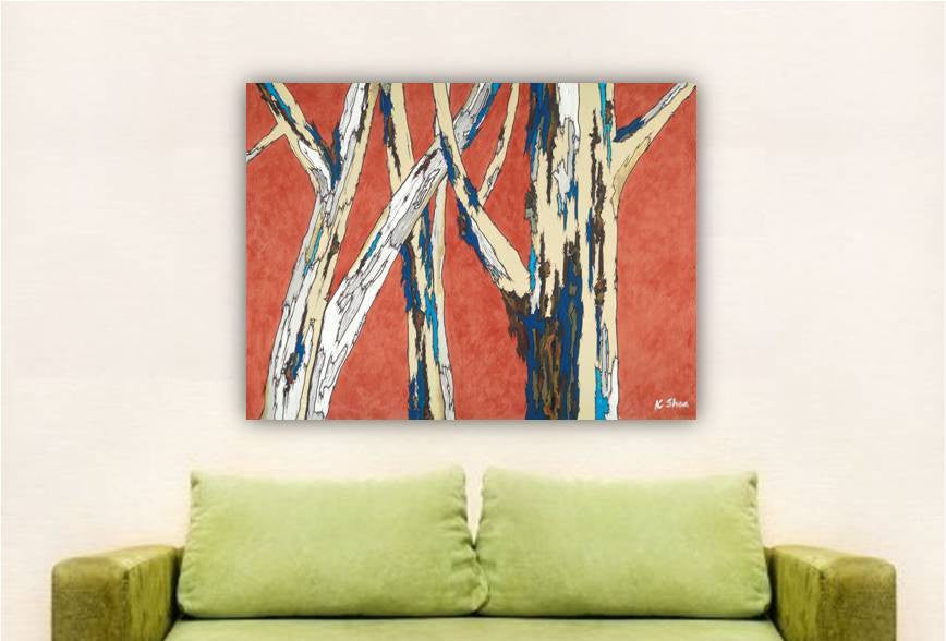 30x40 Original Painting of Trees in Orange, blue, white, above a loveseat in an eclectic decor style.