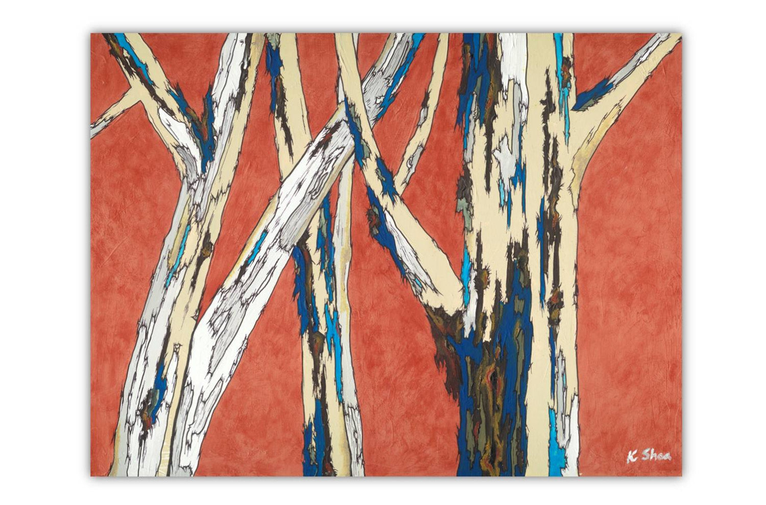 Large Acrylic Original Painting of Birch Trees in Orange, Blue, White. Bold artwork for modern and transitional decor.