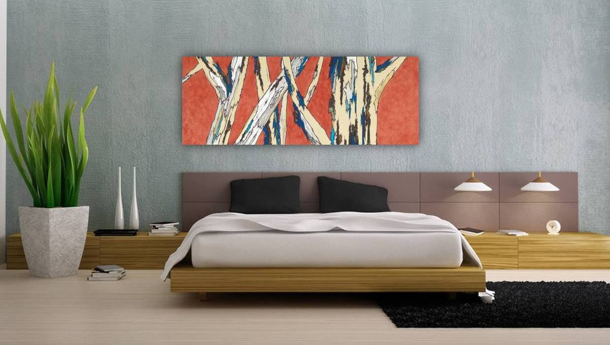 Very long orange canvas art print above an extra wide bed in a zen bedroom