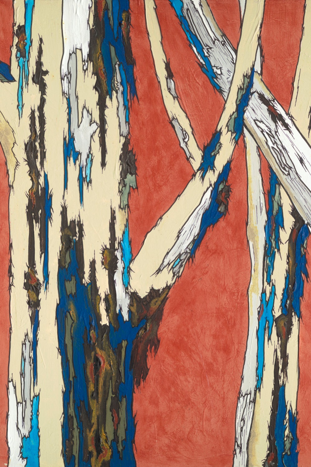 An oversized deep orange canvas wall art print with blue, gray, and brown tree shapes.