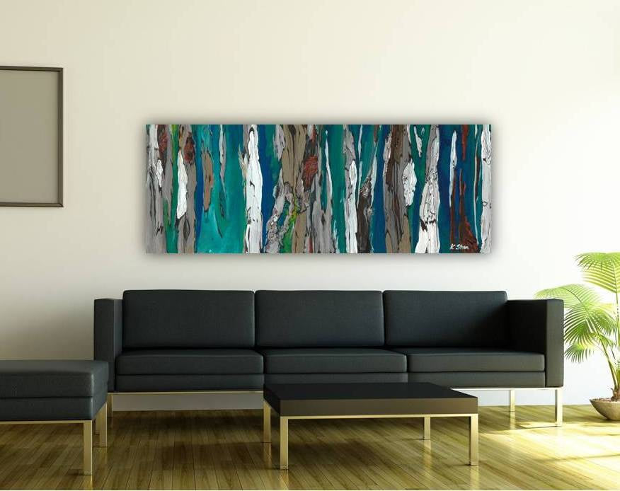 Extra wide bold abstract artwork in shades of blue, and white - over a leather MCM sofa in contemporary space