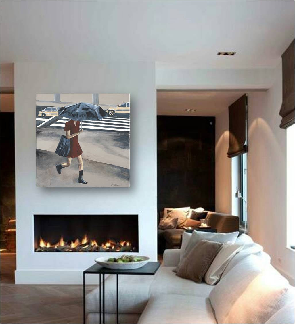 A moody canvas wall art in blues and grays over a modern contemporary fireplace in a white living room