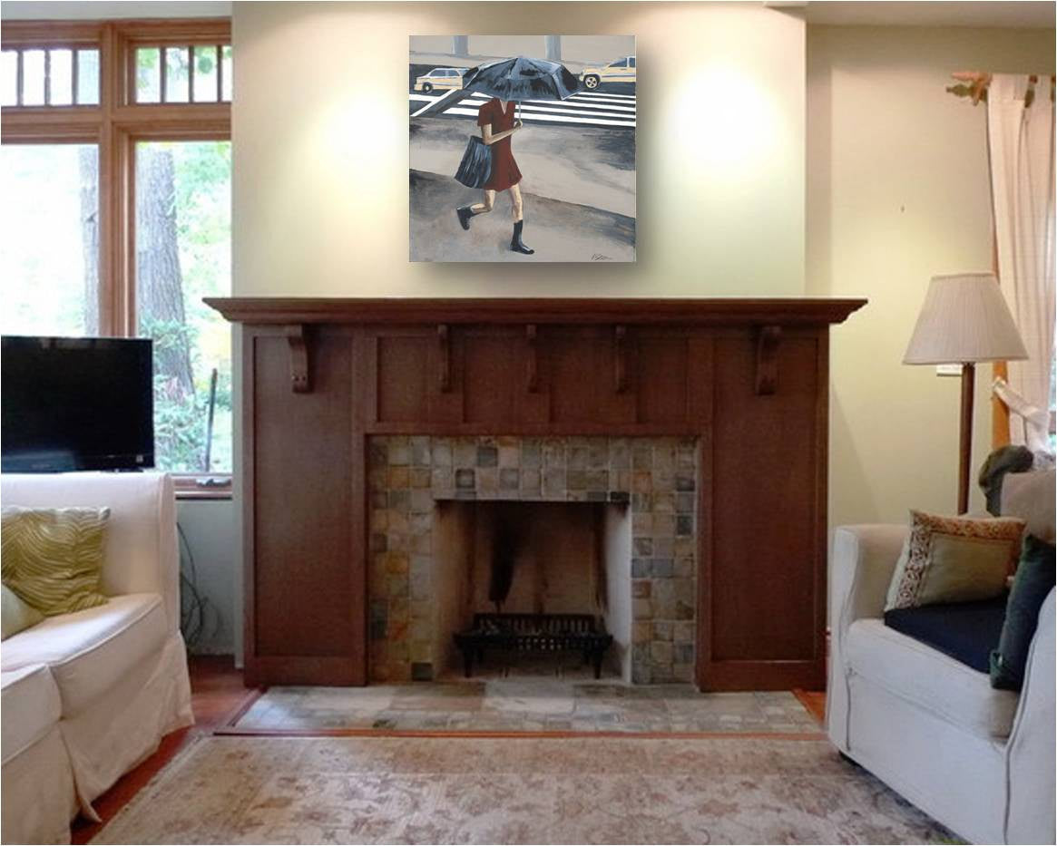 Gray blue canvas wall art in a MCM mid-century modern living room above the fireplace mantel