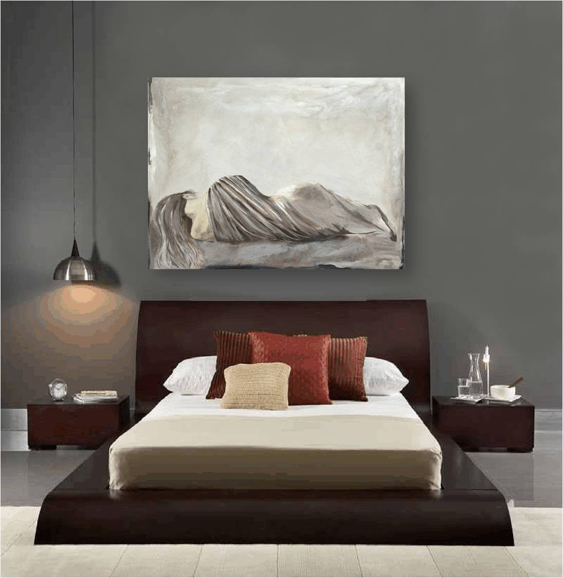 Huge neutral greige sensual feminine canvas artwork in a moody bedroom