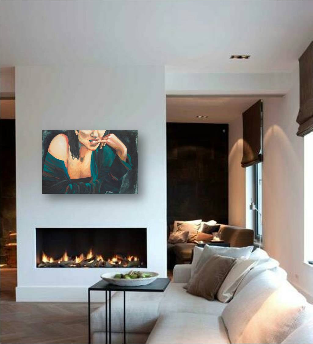 modern artwork living room, large modern original artwork, large original sexy painting, sexy woman artwork, teal green artwork, teal green wall art, large bedroom art, large artwork over fireplace mantle, large wall art for modern decor, artwork for transitional design, eclectic home design wall art, modern large wall art, intimate wall art