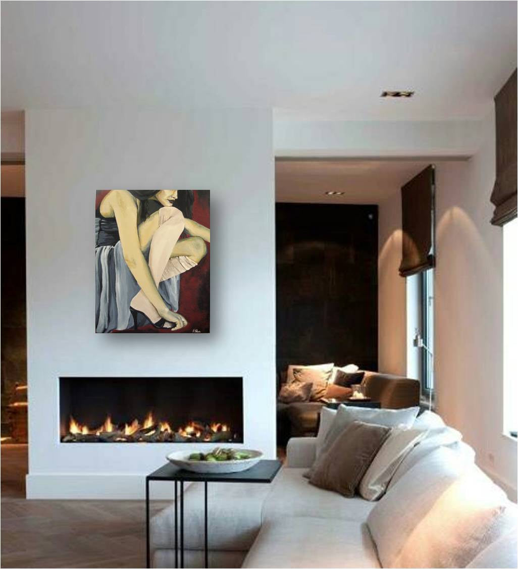 Original modern high fashion painting of a woman - sensual figurative art above a fireplace