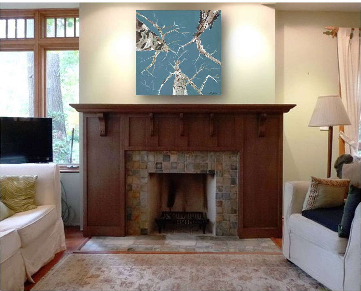 Tree canopy with blue skies - artwork canvas print hanging above wood mantle of cozy living room