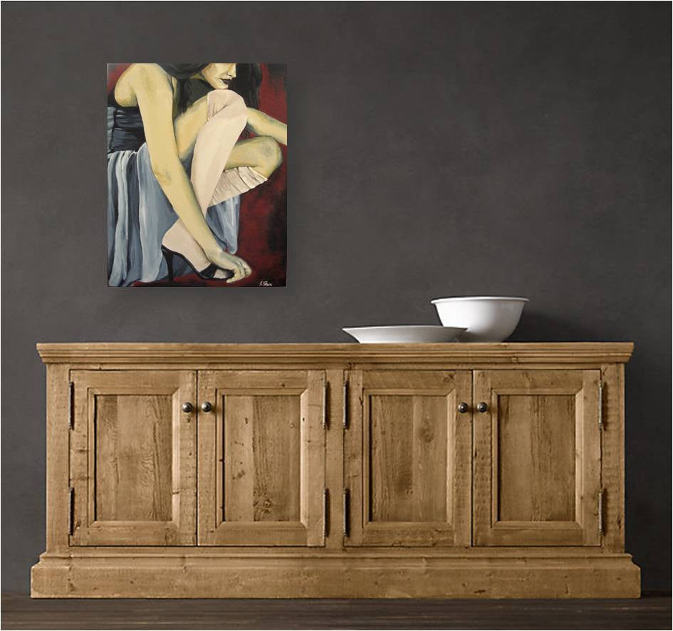 Figurative high fashion wall art print of sensual woman on dark wall of rustic modern space