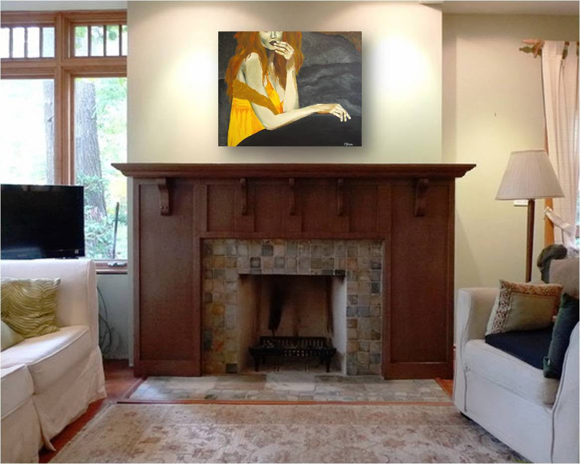 Original painting of a sensual young woman in a revealing pose - over a fireplace mantel in an intimate MCM living room