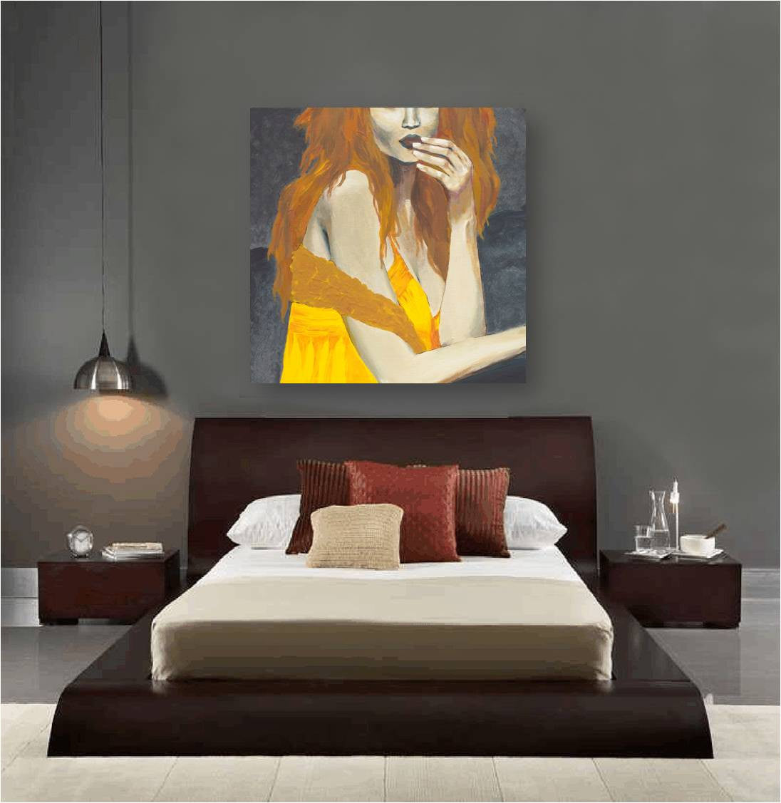 Oversized Sensual Canvas Print Wall Art of a woman - hanging in a moody dark bedroom