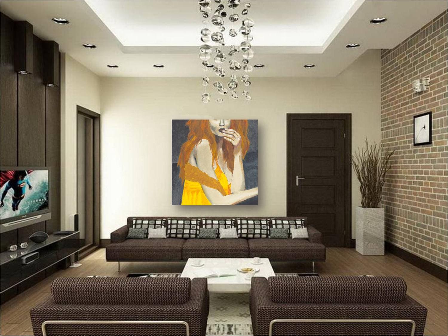 Large sensual canvas art print in a brown MCM mid century modern living room