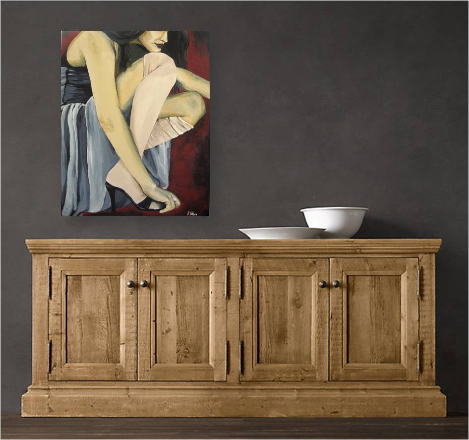 Original artwork of sexy woman in high fashion - painting hanging on dark walls in a modern rustic space