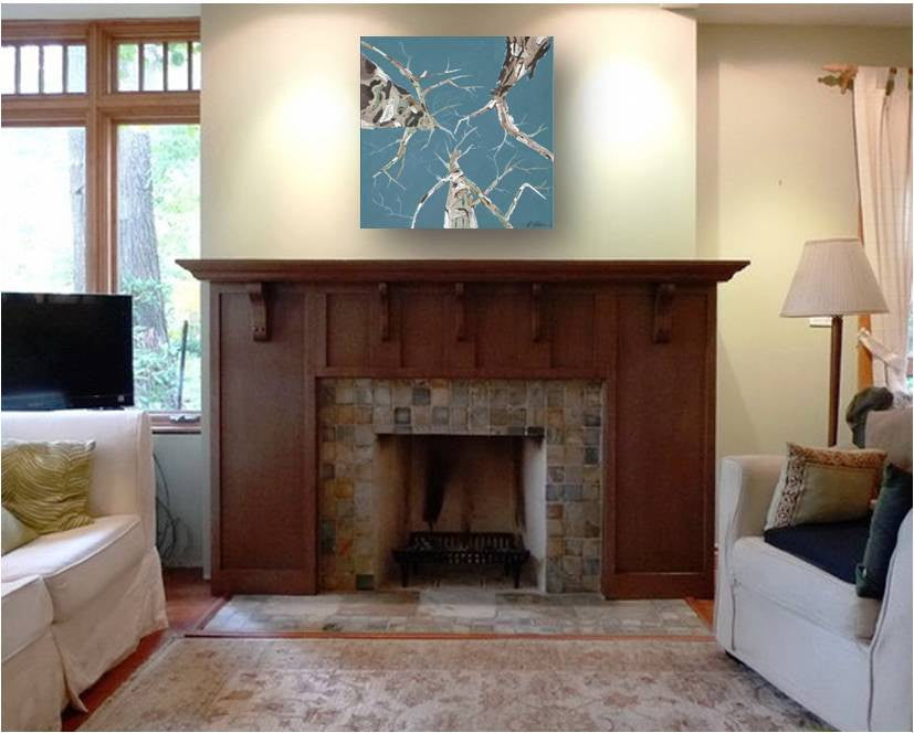 Sky Blue / Turquoise Tree Canopy Original Painting / Wall Art on a fireplace mantel of a traditional / contemporary living room