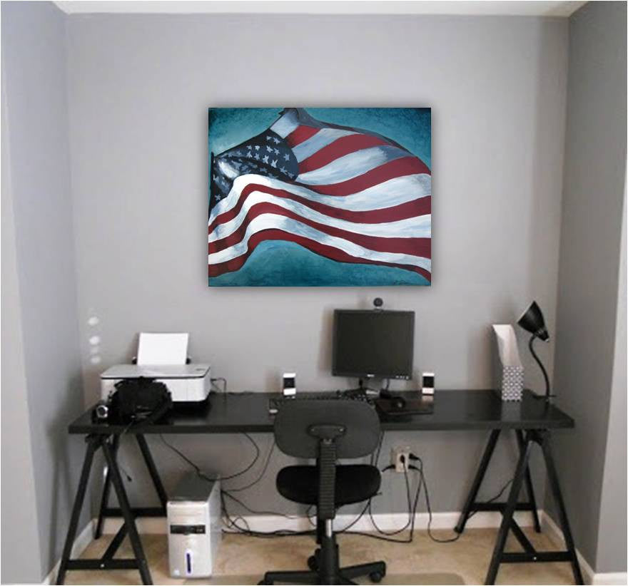 Painting of the American flag in blue, red, white - in a home office of a veteran