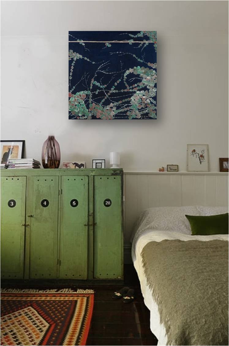Asian inspired canvas art print in deep blue and shades of green in an eclectic cozy feminine bedroom.