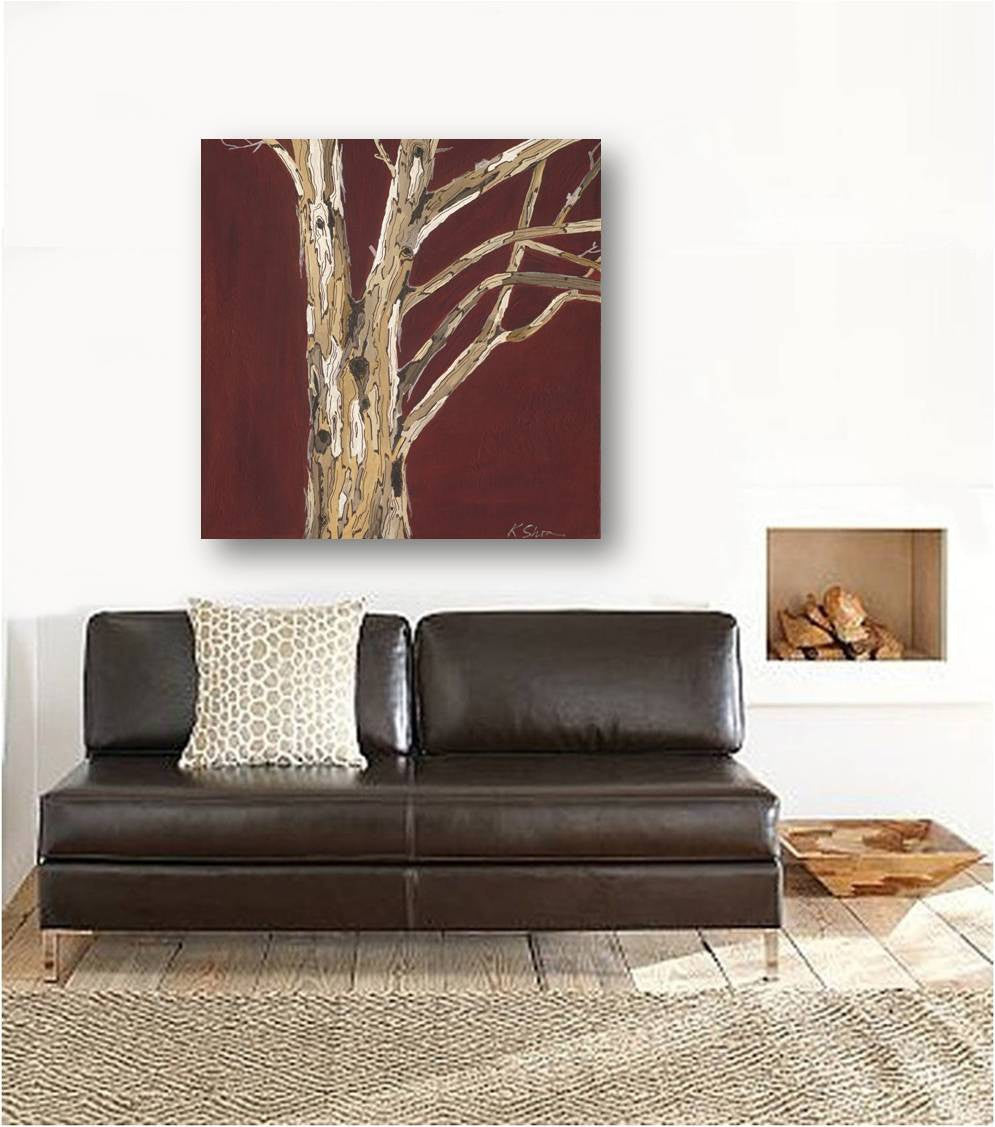 Large Square Canvas Art Print of Tree Trunks on Oxblood Red Artwork over Leather couch in rustic room